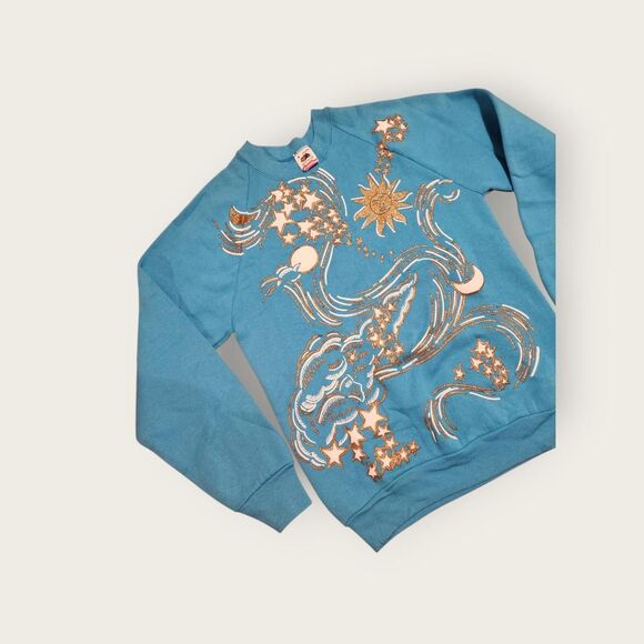 Vintage 90s blue and gold celestial moon and stars graphic crewneck sweatshirt M - Picture 3 of 4